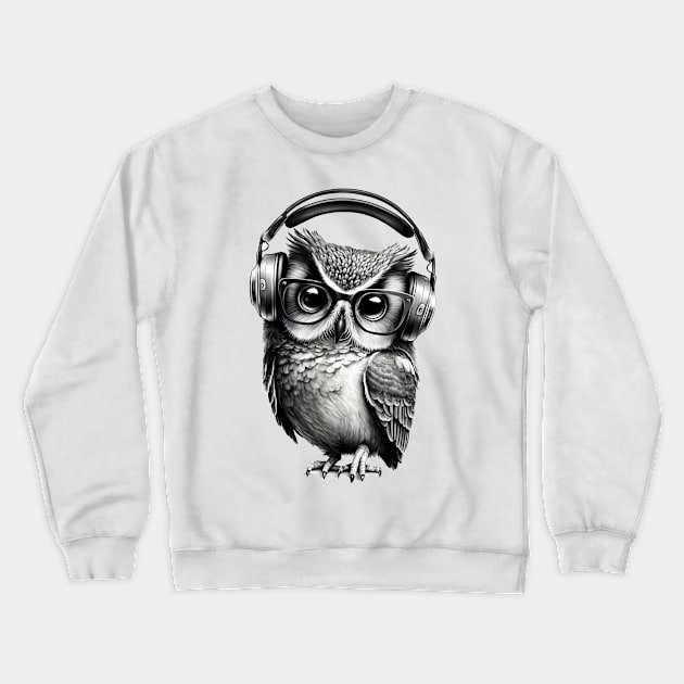 Owl Drawing in Black and White Wearing Headphones Crewneck Sweatshirt by ArtisticCorner